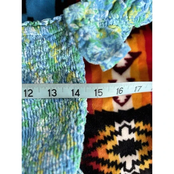 American Eagle Teal/Yellow Floral Sundress Size L Smocked Body Ruffle Straps - Picture 7 of 8